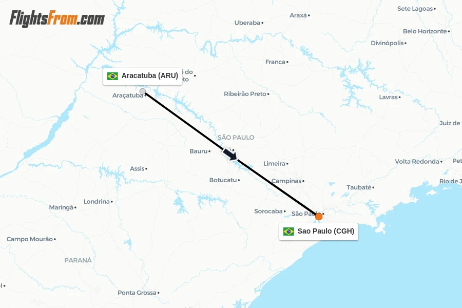 Flights from Aracatuba to Sao Paulo route map
