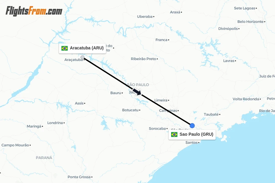 Flights from Aracatuba to Sao Paulo route map