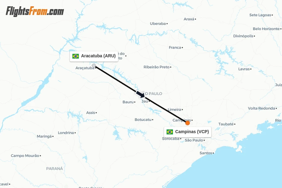 Flights from Aracatuba to Campinas route map