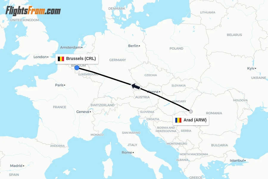 Flights from Arad to Brussels route map