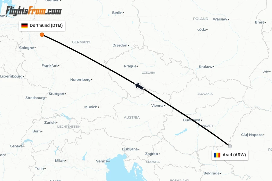 Flights from Arad to Dortmund route map
