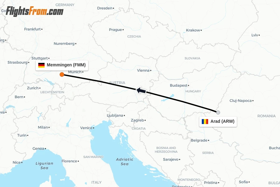 Flights from Arad to Memmingen route map
