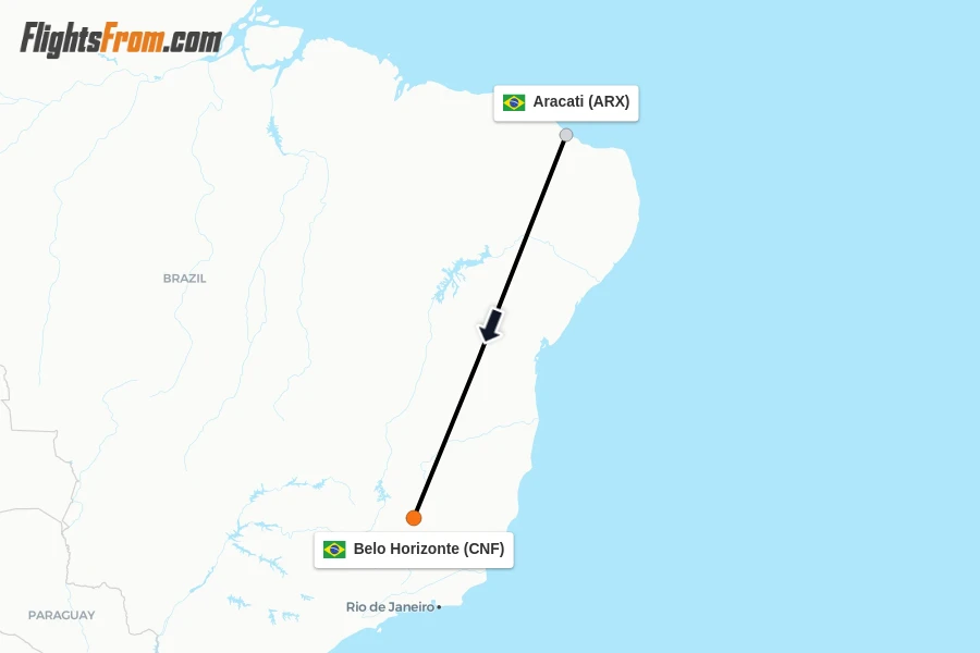 Flights from Aracati to Belo Horizonte route map