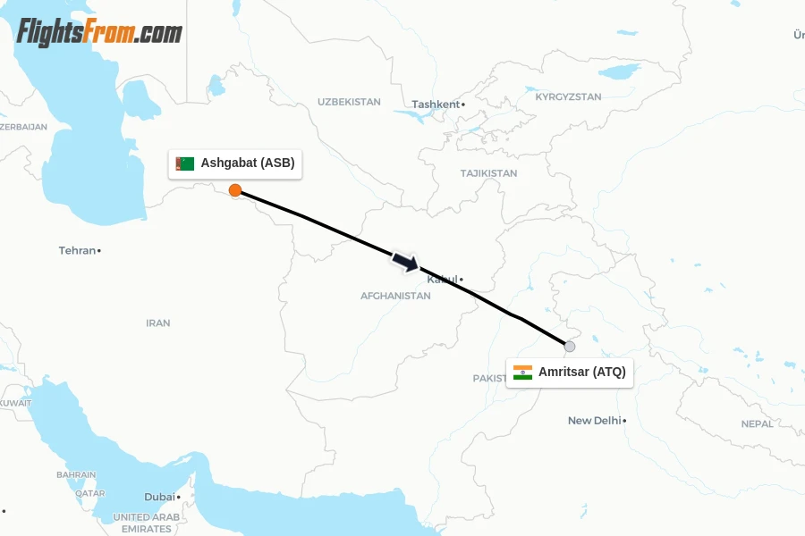 Flights from Ashgabat to Amritsar route map
