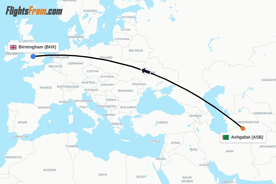 Flights from Ashgabat to Birmingham route map