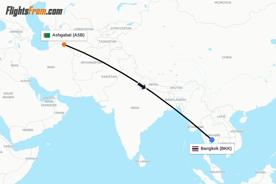 Flights from Ashgabat to Bangkok route map