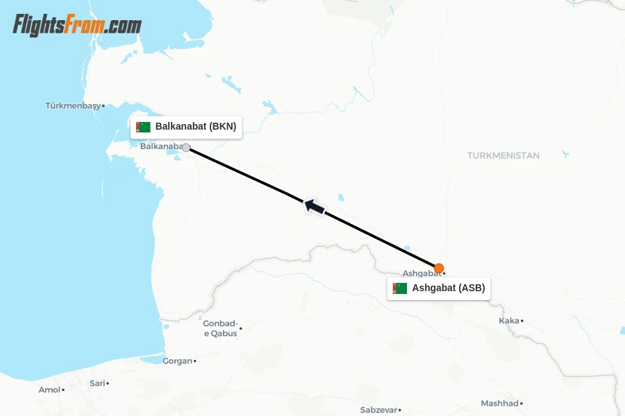 Flights from Ashgabat to Balkanabat route map