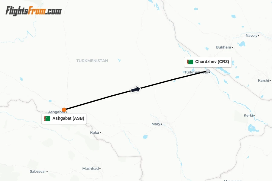 Flights from Ashgabat to Chardzhev route map