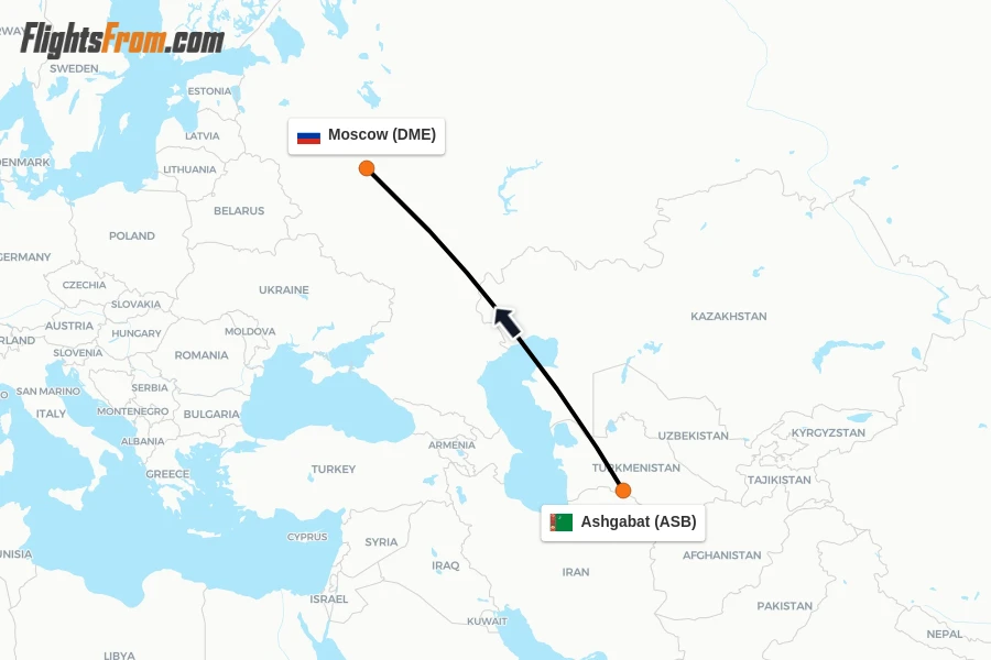 Flights from Ashgabat to Moscow route map