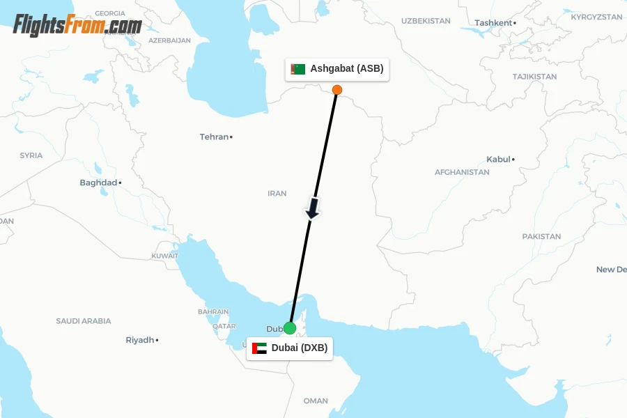 Flights from Ashgabat to Dubai route map