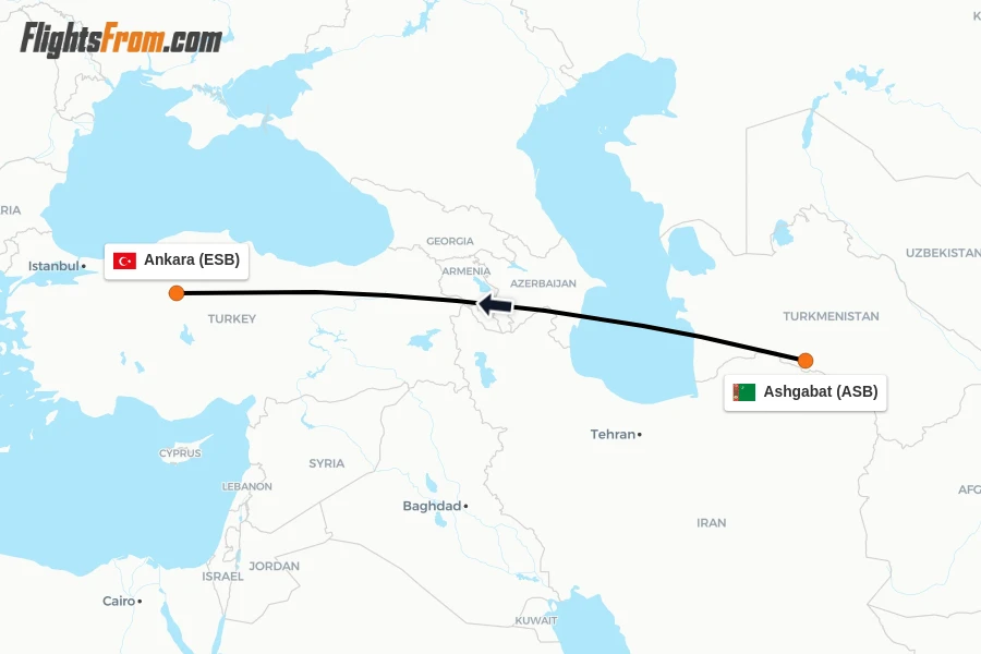 Flights from Ashgabat to Ankara route map