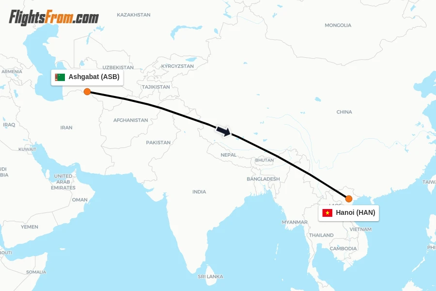 Flights from Ashgabat to Hanoi route map