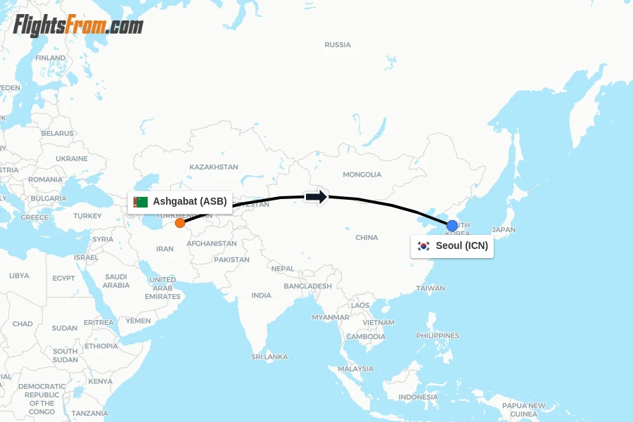 Flights from Ashgabat to Seoul route map