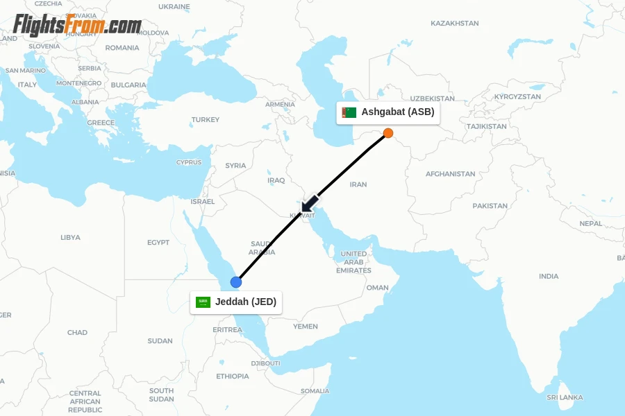 Flights from Ashgabat to Jeddah route map
