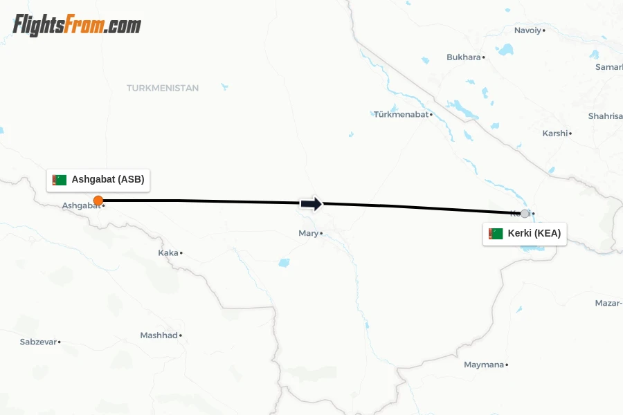 Flights from Ashgabat to Kerki route map