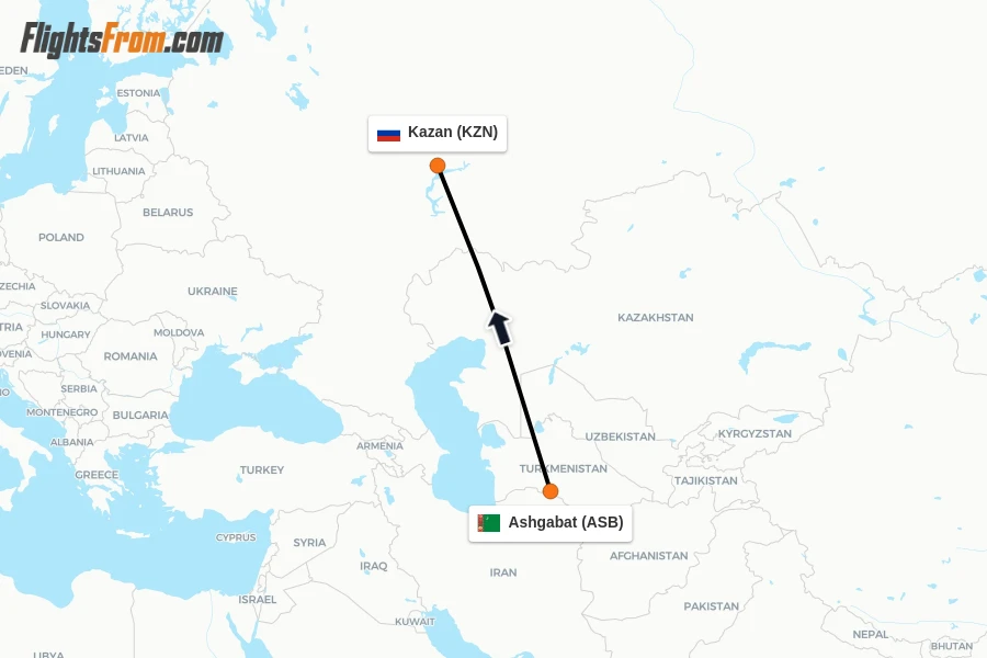 Flights from Ashgabat to Kazan route map