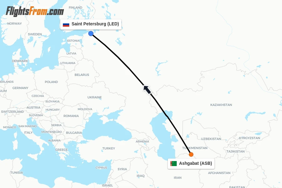 Flights from Ashgabat to Saint Petersburg route map