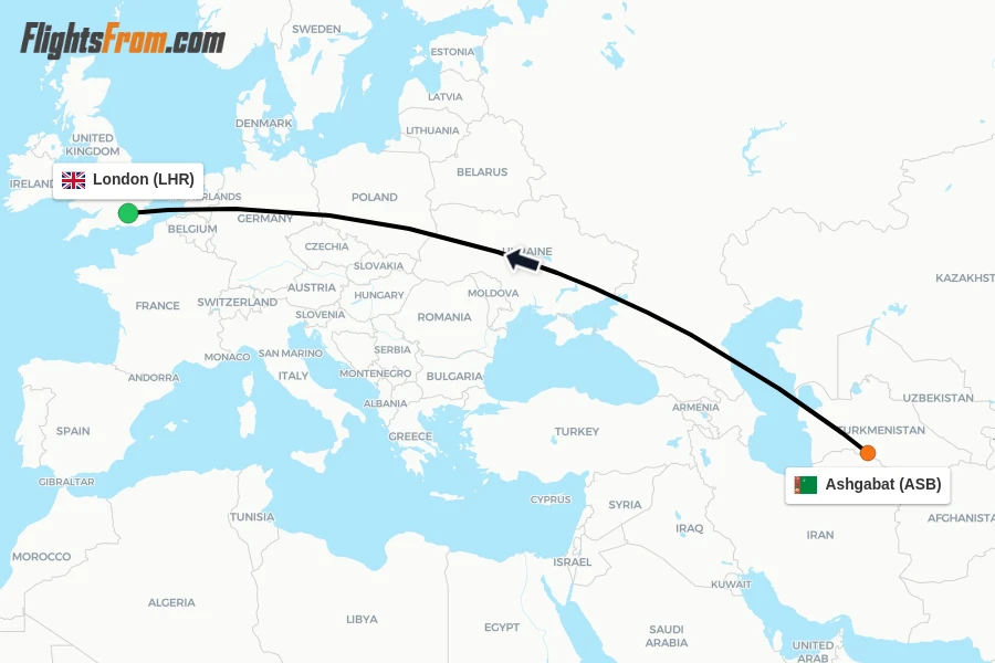 Flights from Ashgabat to London route map