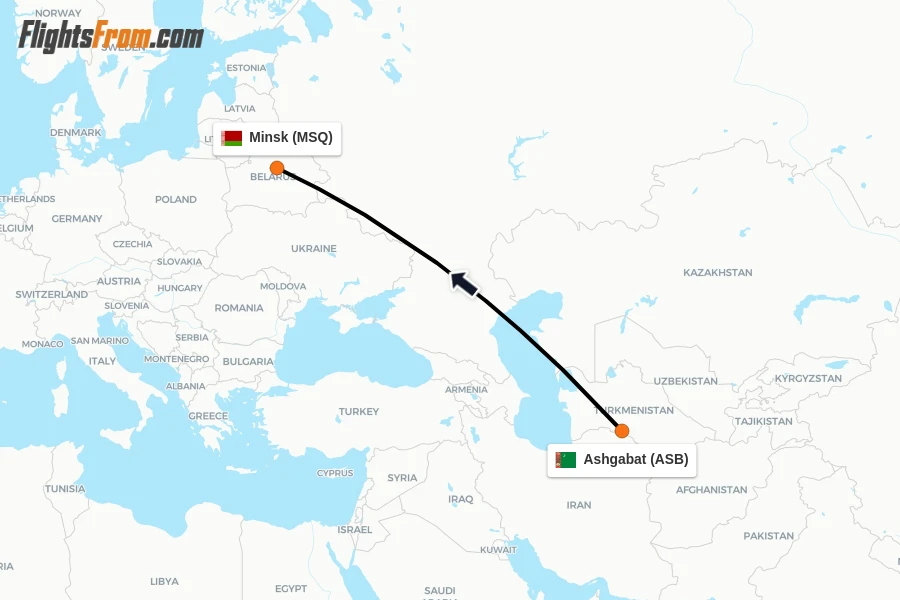 Flights from Ashgabat to Minsk route map