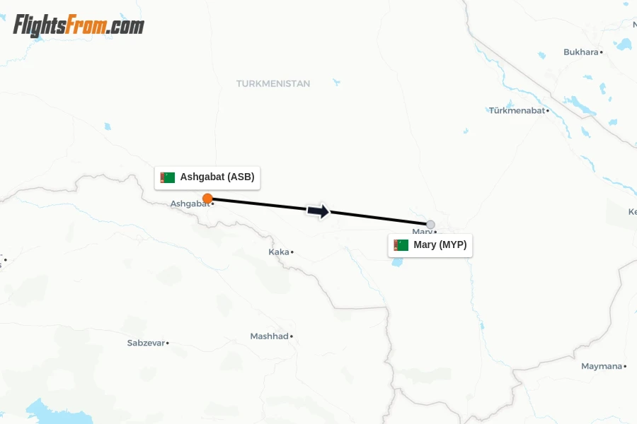 Flights from Ashgabat to Mary route map