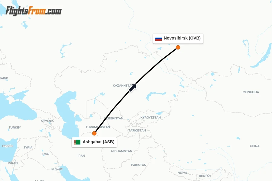 Flights from Ashgabat to Novosibirsk route map