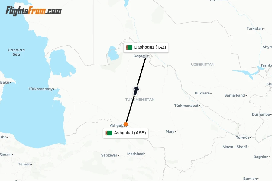 Flights from Ashgabat to Dashoguz route map