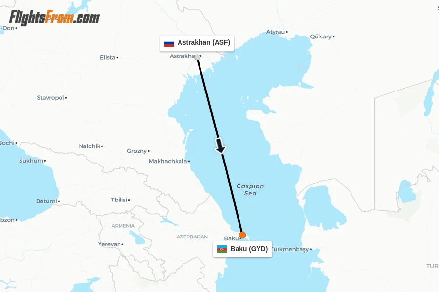 Flights from Astrakhan to Baku route map