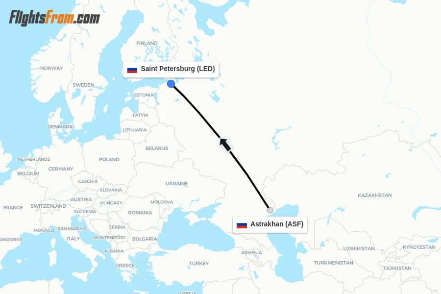 Flights from Astrakhan to Saint Petersburg route map