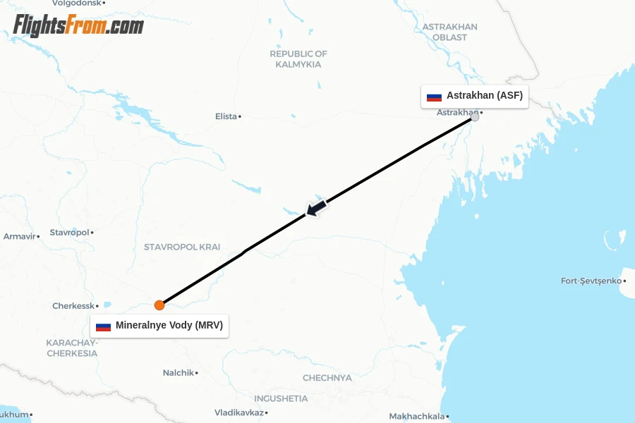 Flights from Astrakhan to Mineralnye Vody route map