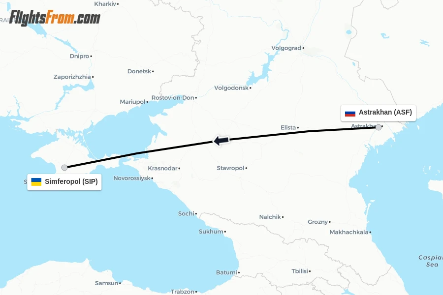 Flights from Astrakhan to Simferopol route map