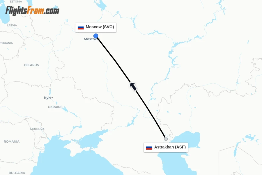 Flights from Astrakhan to Moscow route map