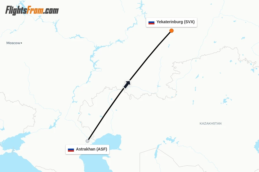 Flights from Astrakhan to Yekaterinburg route map