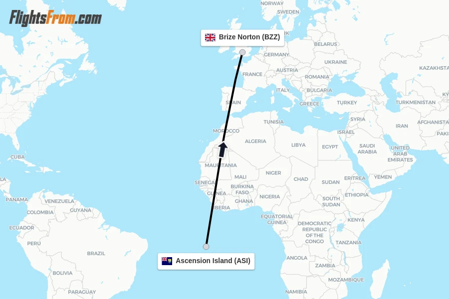Flights from Ascension Island to Brize Norton route map