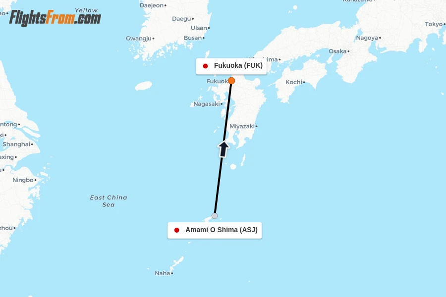 Flights from Amami O Shima to Fukuoka route map