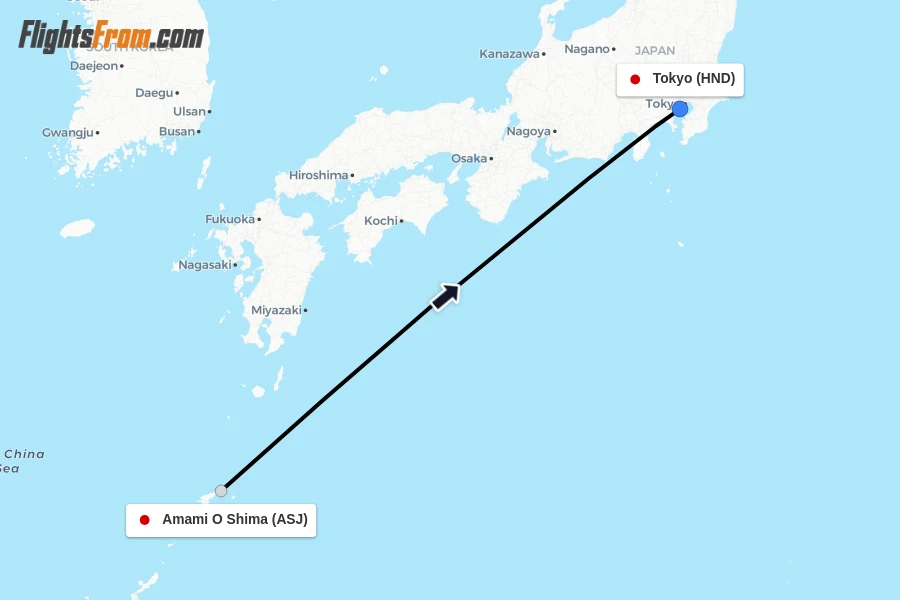 Flights from Amami O Shima to Tokyo route map