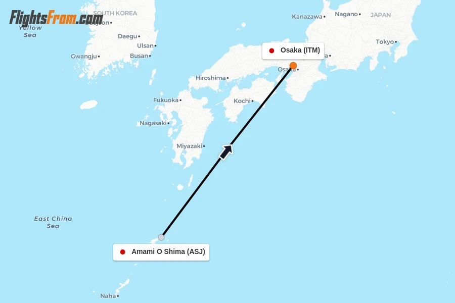 Flights from Amami O Shima to Osaka route map