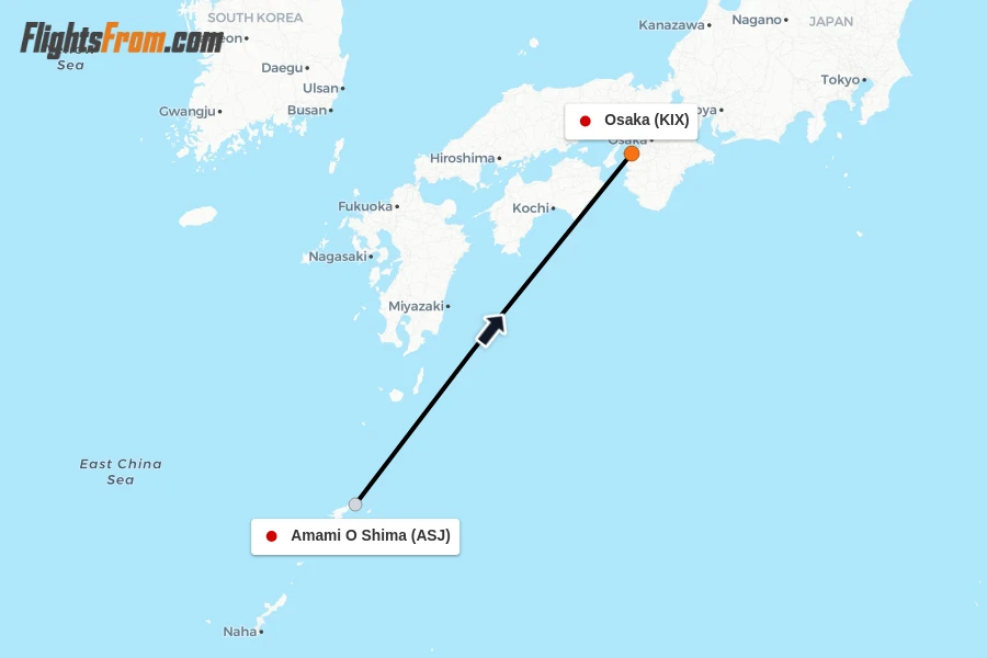 Flights from Amami O Shima to Osaka route map