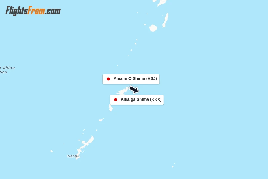 Flights from Amami O Shima to Kikaiga Shima route map