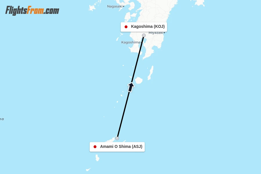 Flights from Amami O Shima to Kagoshima route map