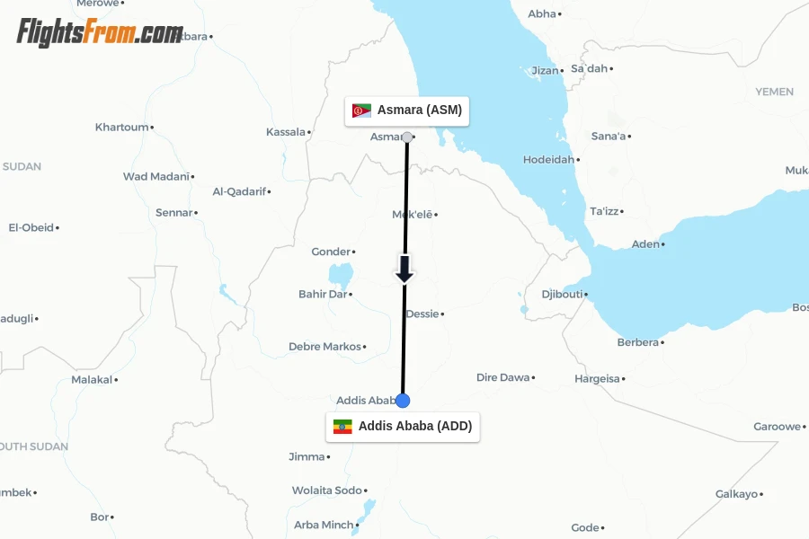 Flights from Asmara to Addis Ababa route map