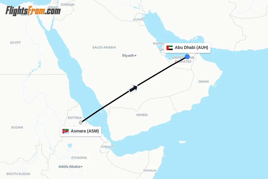 Flights from Asmara to Abu Dhabi route map
