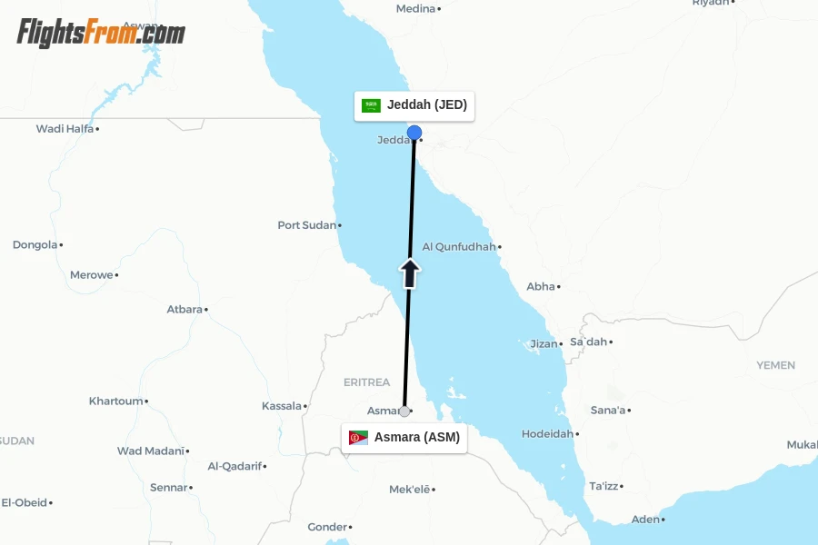 Flights from Asmara to Jeddah route map