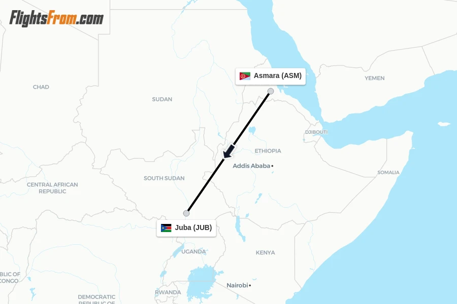 Flights from Asmara to Juba route map
