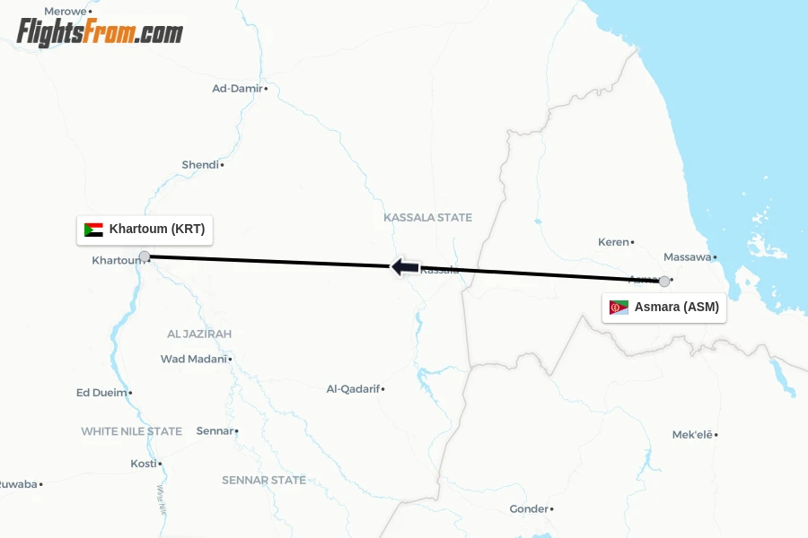 Flights from Asmara to Khartoum route map