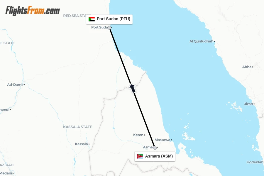 Flights from Asmara to Port Sudan route map