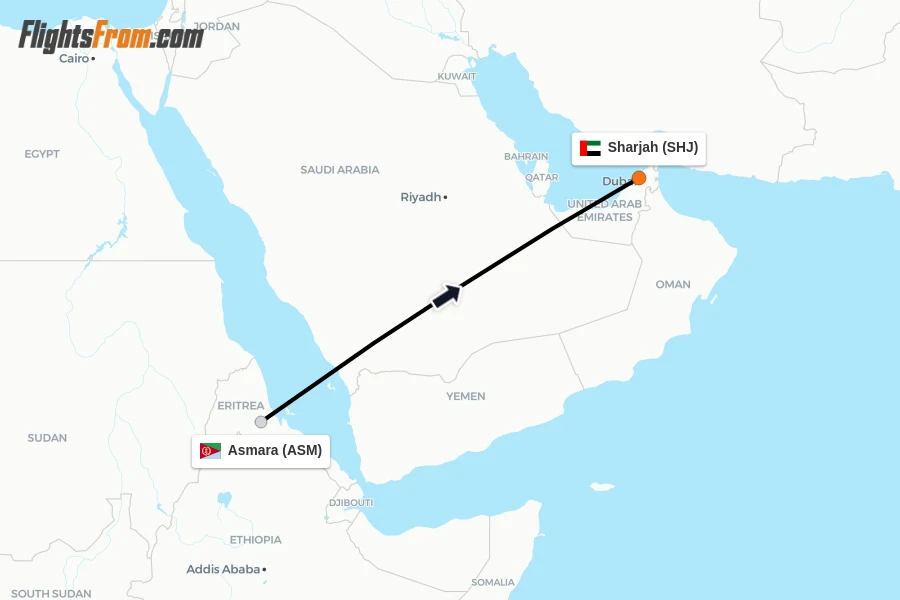 Flights from Asmara to Sharjah route map