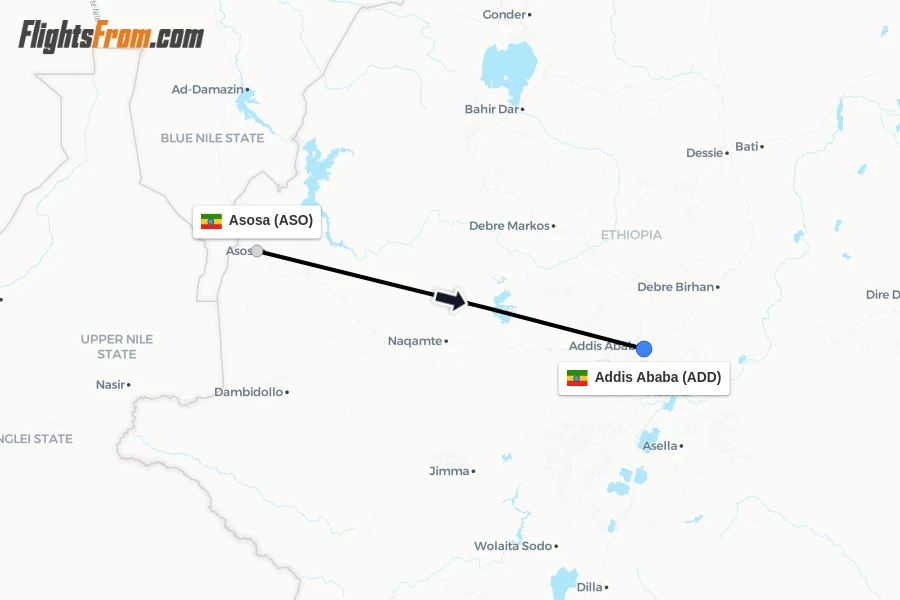 Flights from Asosa to Addis Ababa route map