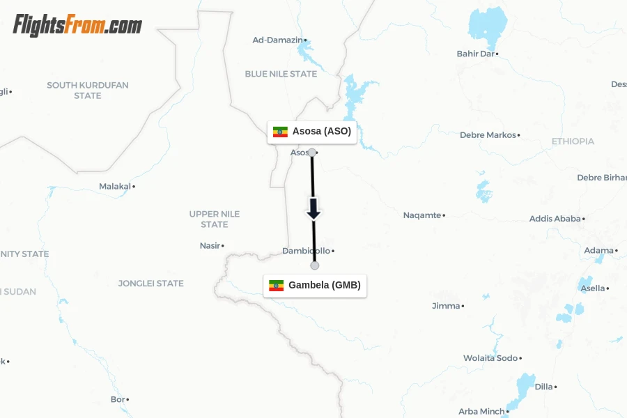 Flights from Asosa to Gambela route map