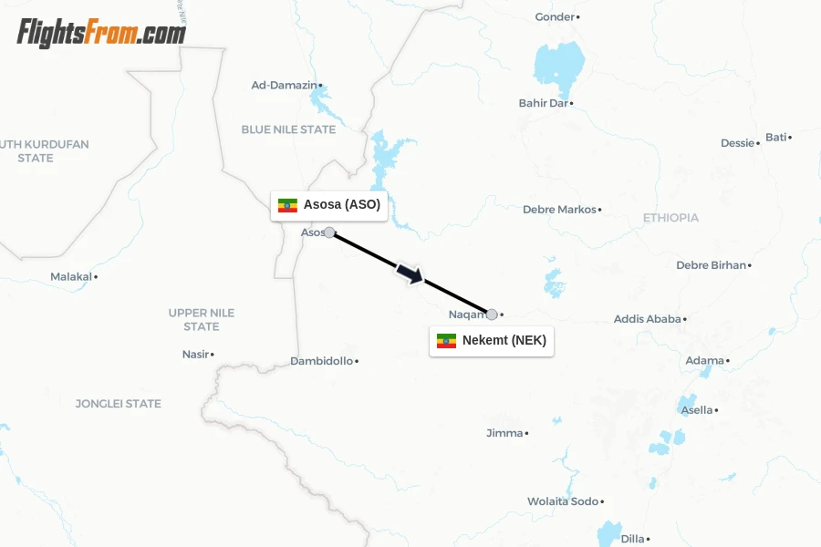 Flights from Asosa to Nekemt route map