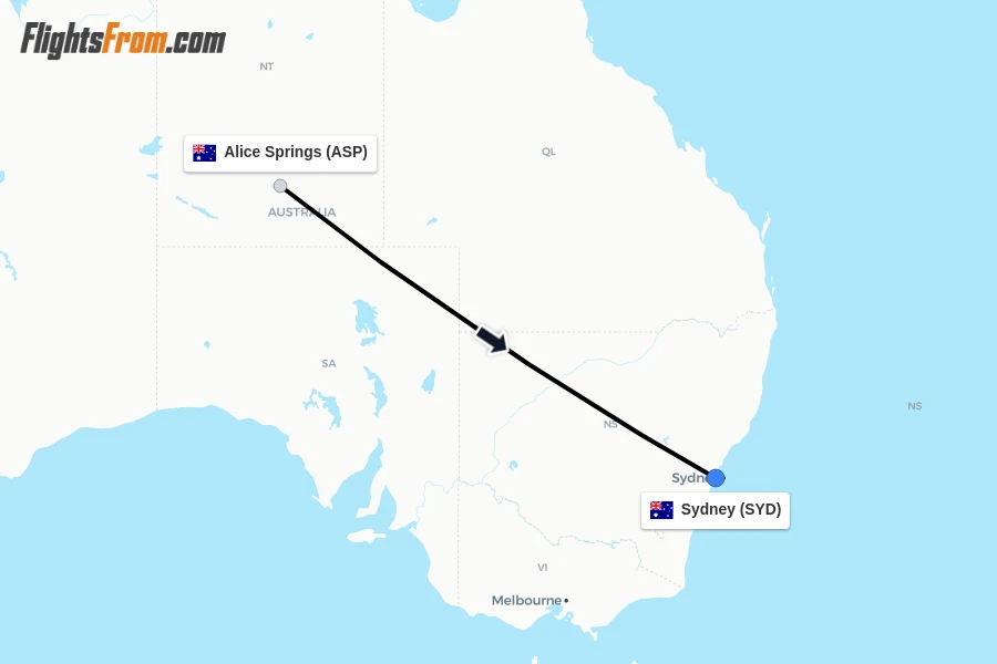 Flights from Alice Springs to Sydney route map